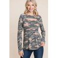thumbnail image 1 of Haut Basique Décontracté à Manches Longues, Encolure Découpée, Imprimé Camouflage Armée, 1 of 6