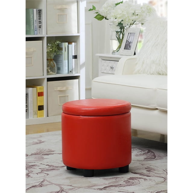 Designs4Comfort Round Accent Storage Ottoman in Red Faux Leather Fabric