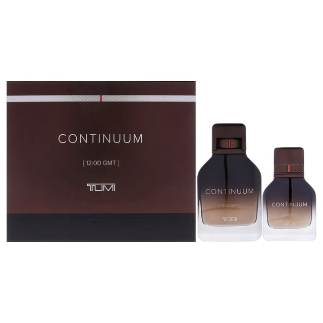 Continuum by Tumi for Men - 2 Pc Cologne Gift Set featuring a 3.4oz EDP spray and a 1oz EDP spray. The set includes fragrances with notes of green mandarin, incense, earthy amber, tobacco leaves, ciste abs, orris roots, oud, suede, and smoked musk. Presented in a sleek brown packaging with Tumi branding.