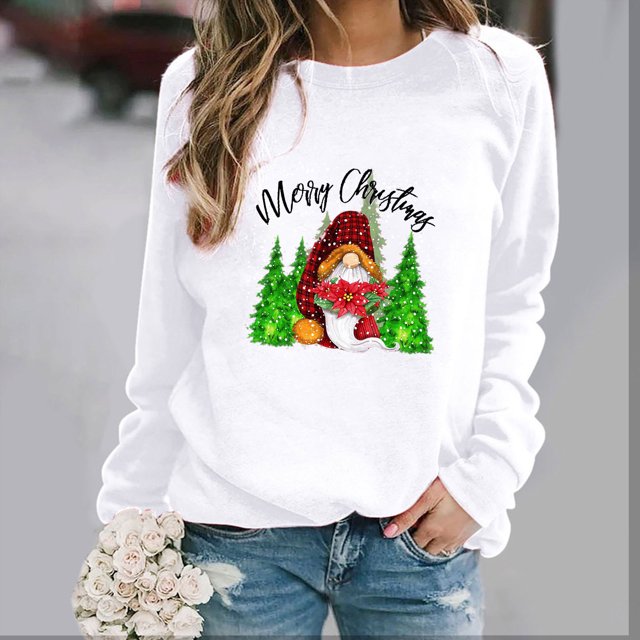 EGNMCR Chandail en Molleton de Noël Mode Femme Ample Imprimé de Noël Col Rond