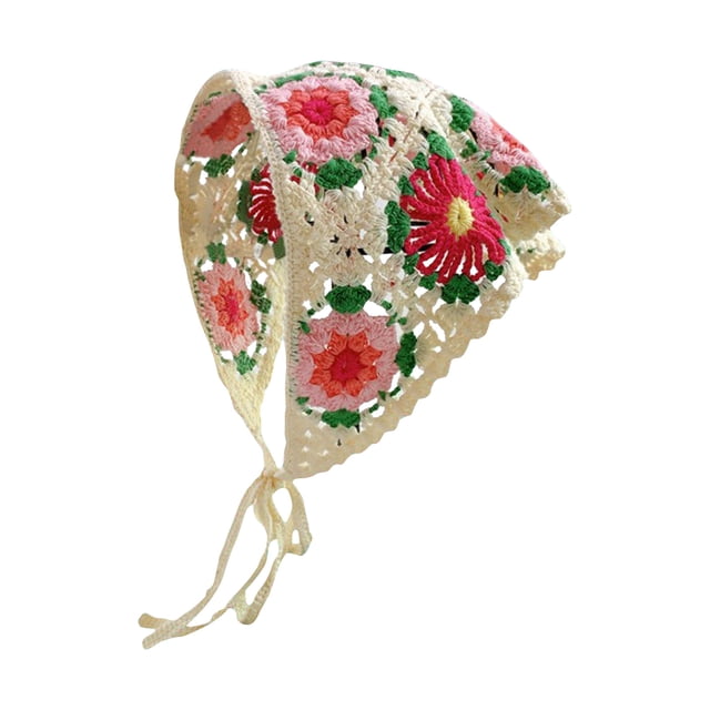 Birdeem Hand Crocheted Hook Flower Hollowed Out Triangular Scarf Sweet and Cute Tie Hair Turban Hat
