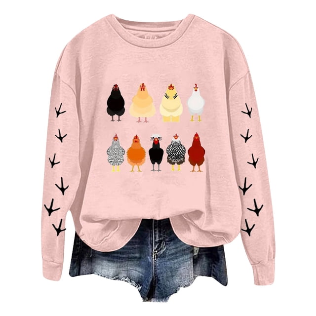 LUOGENLI Veste de Chandail pour Femmes avec Strass Oversize Femmes Chandails à Manches Longues à Col Rond Chandails Imprimés Poulet Chandail Léger Ample Chandails pour Femmes Chandail Oversize Rose Pâle Taille g