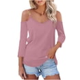 thumbnail image 2 of RXIRUCGD Femmes Uni Manches 3/4 Col en V Chandail Sans Bretelles Hauts Chemises Blouse, Rose, Taille : M, 2 of 7