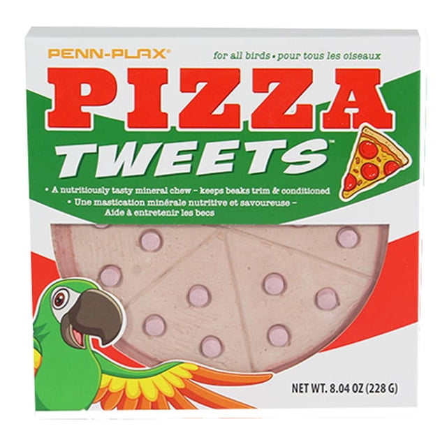 Penn-Plax Pizza Tweets mineral block for indoor birds shaped like a pizza with eight slices and mineral spots, designed to trim and condition beaks while providing calcium, in a white, green, and red box featuring a cartoon parrot and bilingual text, net weight 8.04 oz (228 g).