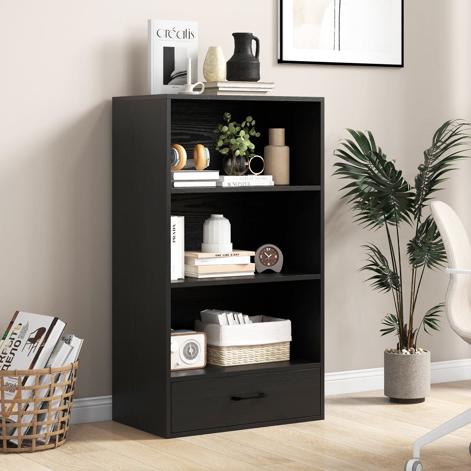 Giantex 4-Tier Bookcase w/Drawer, Freestanding Bookshelf, Modern Display Shelf, Floor Storage Organizer for Home, Office, Black
