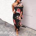 thumbnail image 1 of LOVZFMLL Robe d'Été pour Femme, Aguichant, à une Épaule, Imprimée, Ample, Ourlet Fendu à Moitié, Manches, Noir, m, 1 of 5