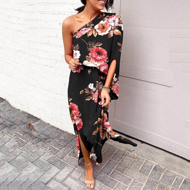 LOVZFMLL Robe d'Été pour Femme, Aguichant, à une Épaule, Imprimée, Ample, Ourlet Fendu à Moitié, Manches, Noir, m