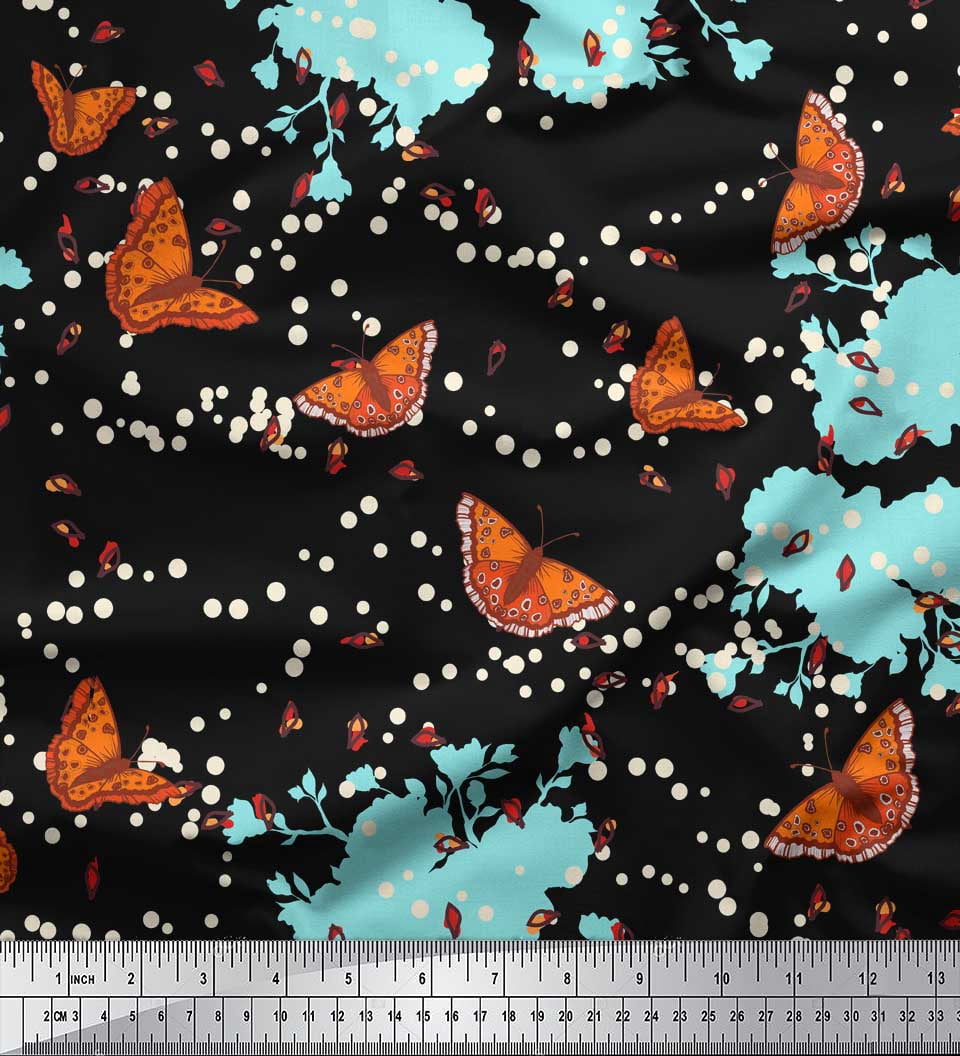 Soimoi Silk Fabric Dot,Floral & Butterfly Printed Fabric 1 Yard 42 Inch Wide