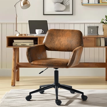 Homy Casa Brown Faux Leather Swivel Office Chair, Adjustable Rolling Desk Chair with Arms and Black Metal Base