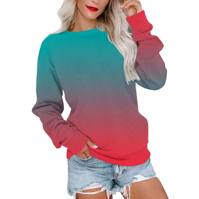 Chandails à Capuchon Mode pour Femmes 2023 Col Rond Mode Décontractée Chandail à Manches Longues Imprimé Hauts Blouse avec un design Dégradé Transition du Sarcelle au Rouge. Ce Chandail à Capuchon en polyester Léger Présente un Col Rond et des Manches Longues, Parfait pour Superposer Ou Porter Seul. Idéal pour les Sorties Décontractées, les Fêtes Ou les Événements Saisonniers comme l'Halloween et Noël, et Convient à la Taille.