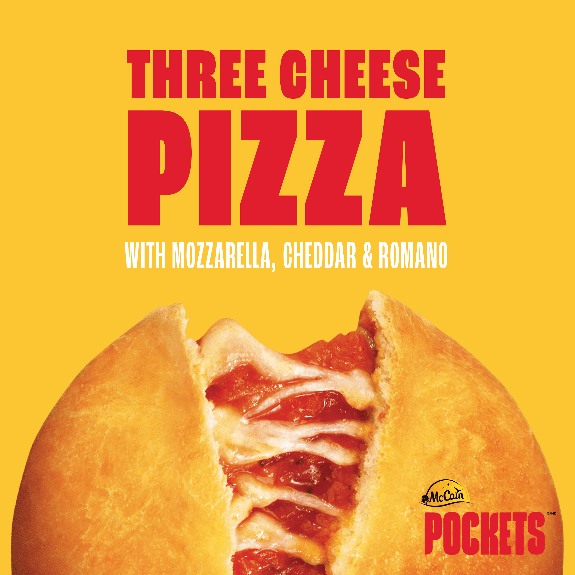 McCain® Pizza Pockets® Three Cheese, Made in Canada from domestic and imported ingredients, 12 x 100g