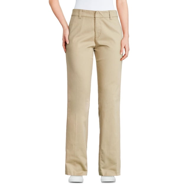 Dickies Pantalon à Jambe Grand pour Femme en beige, Vue avant Montrant des Jambes Larges, Boucles de Ceinture, Deux Poches à Cordon, et Contrôle du Ventre Amincissant en Tissu Évacuant l'Humidité pour le Confort, Idéal pour le Travail Ou les Tenues Décontractées Assorti à des Chaussures et un Haut Blancs.