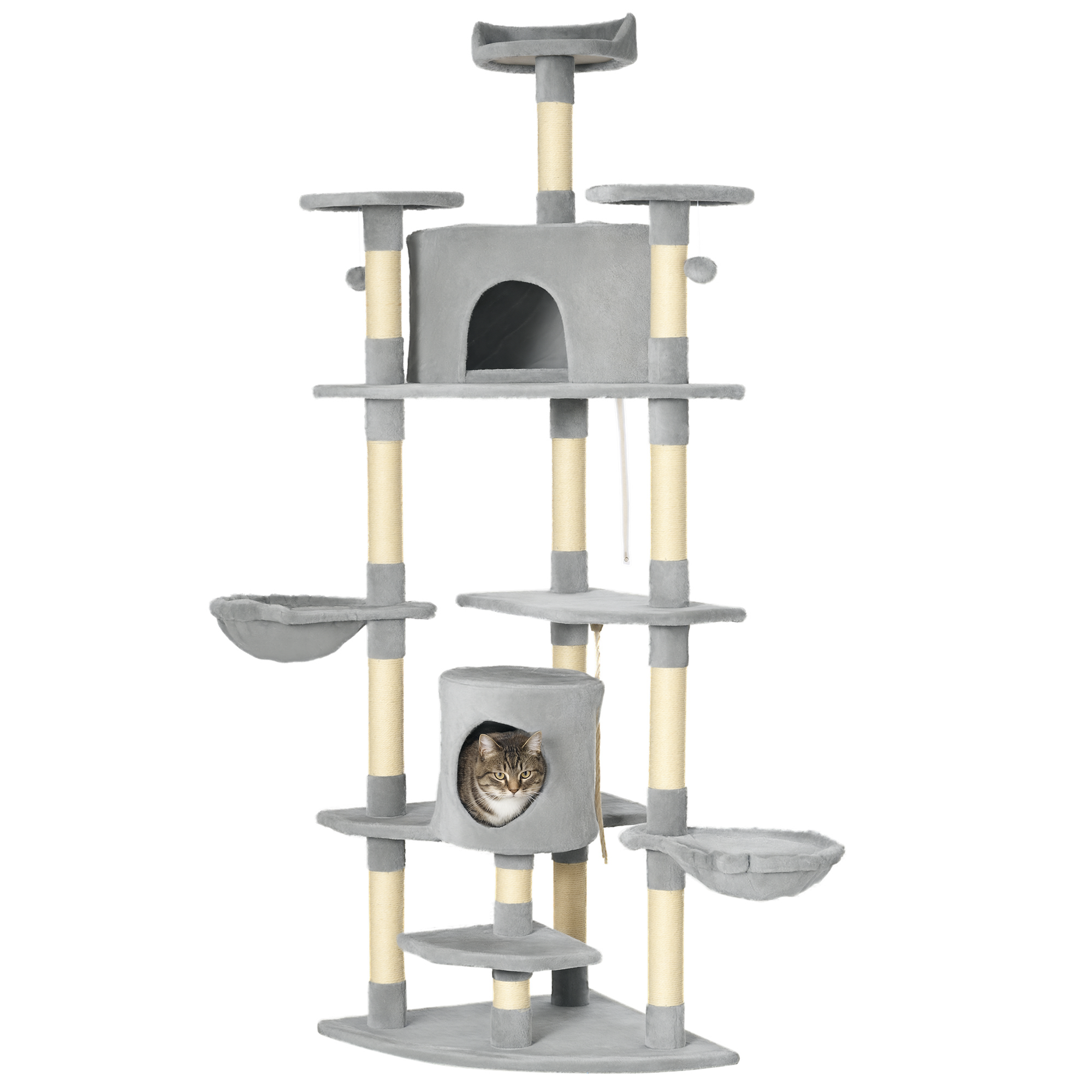 79" Tall Cat Tree Condo with Scratching Posts & Toys - Light Grey Multi-Level Activity Center for Indoor Cats - Sturdy Bamboo & Plush Design for Living Room or Bedroom