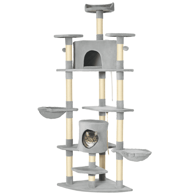 79" Tall Cat Tree Condo with Scratching Posts & Toys - Light Grey Multi-Level Activity Center for Indoor Cats - Sturdy Bamboo & Plush Design for Living Room or Bedroom