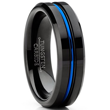 Men's Tungsten Wedding Band Black Ring Grooved Center Blue 6MM