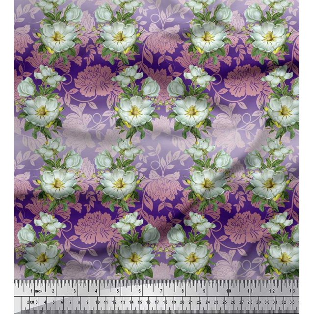 Soimoi Rayon Fabric Leaves & Magnolia Floral Decor Fabric Printed Yard 56 Inch Wide