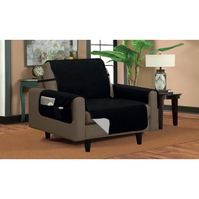 Protecteur de Meuble Classique Réversible Matelassé Imperméable à Motif Losange (Chaise, Noir/argent)