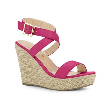 BLISSFUL STEP Chaussures pour Femmes Sandales Espadrilles à Talon Compensé Slingback à Brides Croisées Rose Vif 7,5