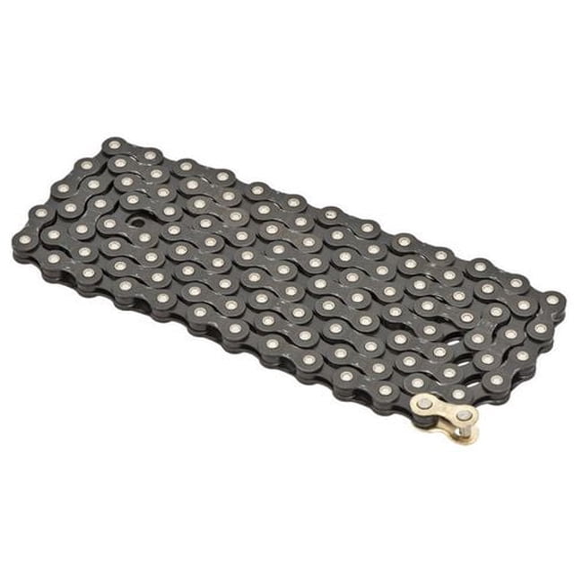 Bell Sports Links 500 Bike Chain laid flat showing black metal links with silver rivets and a silver master link, designed for multi-speed derailleur bicycles with five to eight rear sprockets and 112 links, suitable for 10 to 24 speed bikes and easy installation.
