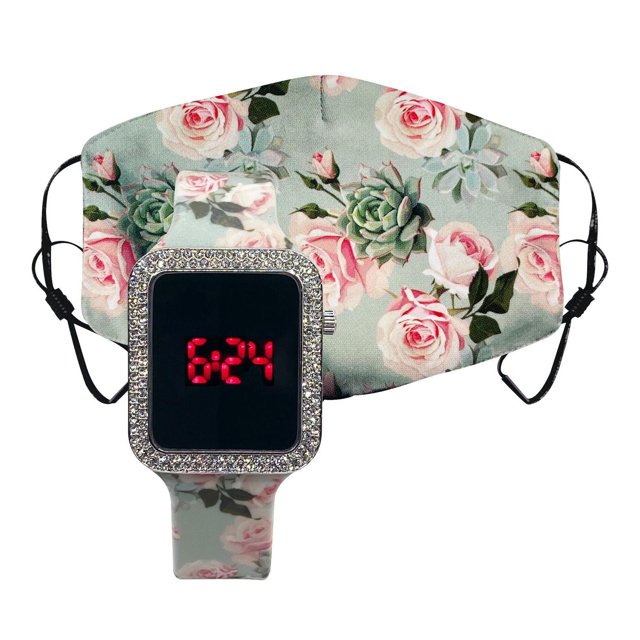 Montre de Température à DEL avec Masque Assorti Doté d'Un Affichage Numérique Carré avec Heure à DEL Rouge Lisant 6:24, Entourée d'Une Lunette en Strass. le Bracelet Ajustable en silicone et le Masque Facial floral Assorti Affichent des roses roses et des Succulentes Vertes sur un Fond Pâle, Idéal pour le Quotidien Ou pour Offrir.