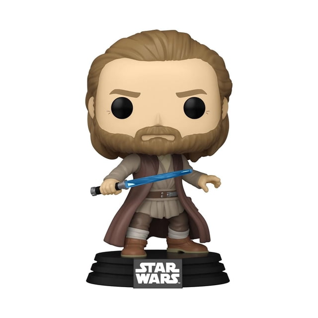 Funko Pop! Obi-Wan Kenobi S2: Obi-Wan (pose de Combat) bobblehead en Vinyle Mettant en Vedette une Figurine Stylisée aux Cheveux et à la Barbe Brun Clair, Habillée de Peignoirs Jedi Beiges et d'Une Cape Brune, Tenant un Sabre Laser Bleu, Debout sur une base Noire de Marque Star Wars, Convient aux collections de Figurines d'Action Star Wars.