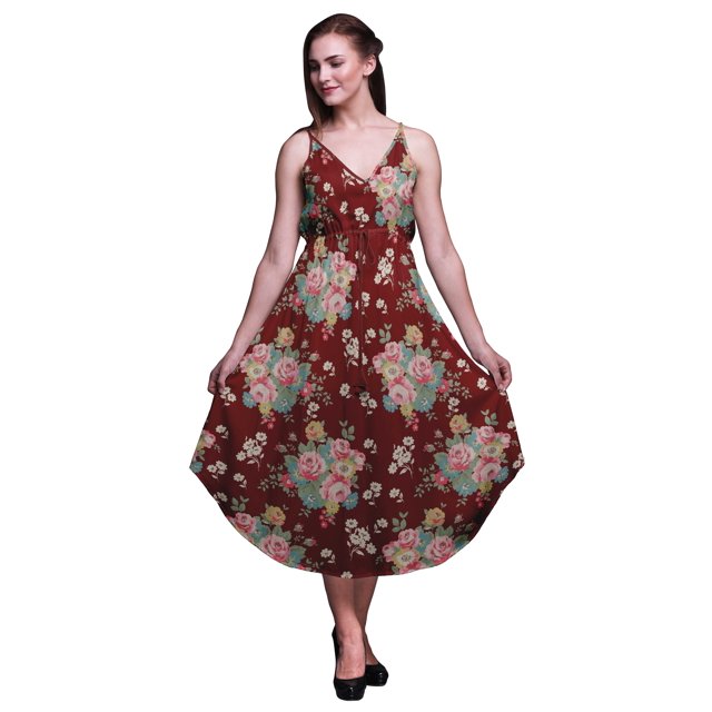 Bimba Robe Midi de Plage Imprimée Florale pour Femmes, à Bretelles, pour l'Été, Petite Taille