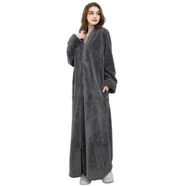 Women's Flannel Robe Zipper Front Long Plush Full Length Bathrobe with Pockets M-XL