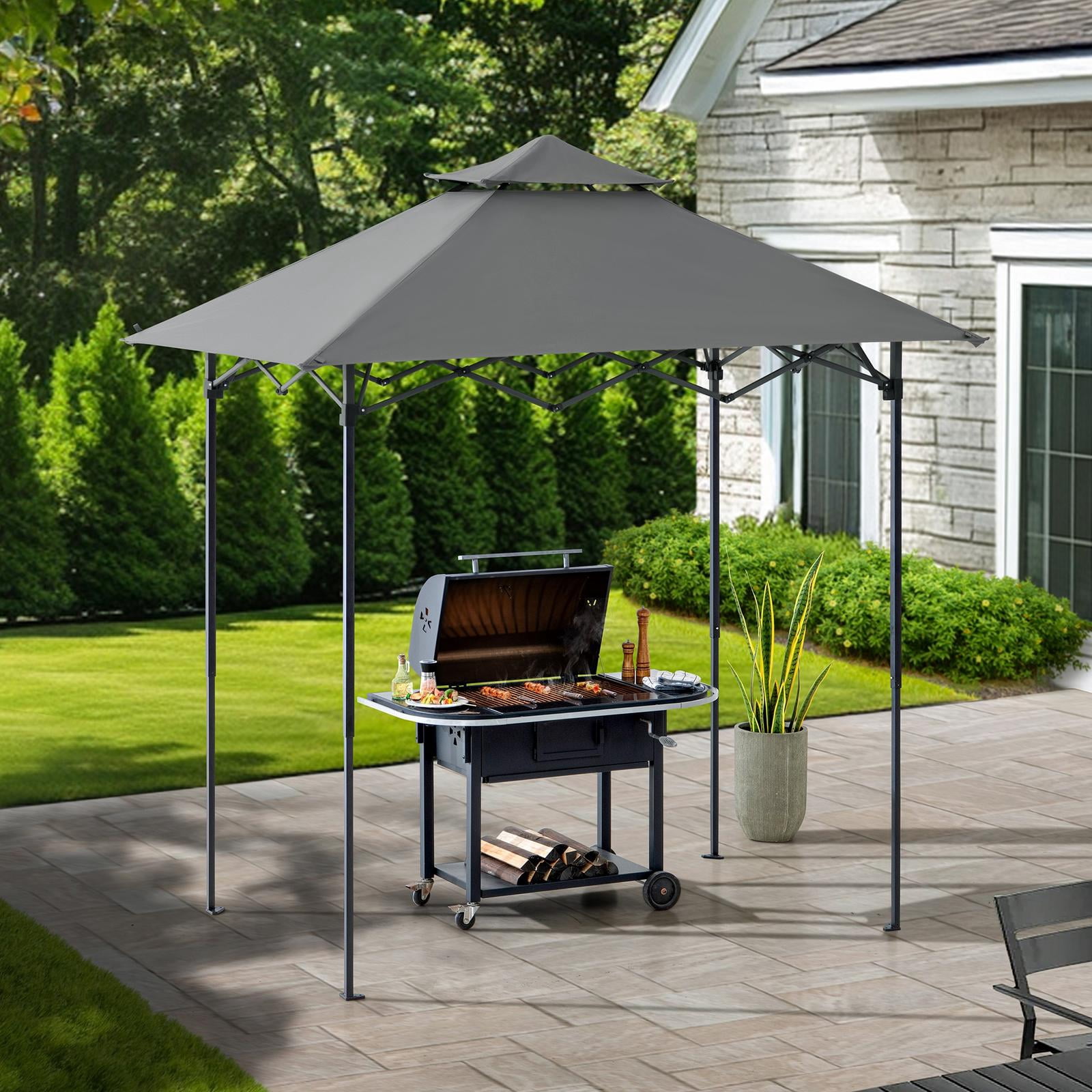 Sunjoy Gazebo Pour Barbecue 8 x 5 Pi, Gazebo Extérieur À Deux Niveaux, Hauteur Du Plafond Réglable, Pour Barbecue, Pique-Niques, Événements En Plein Air, Gris