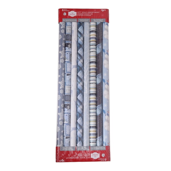 8 Rolls 144 SQFT Blue and White Christmas Wrapping Paper by Holiday Time