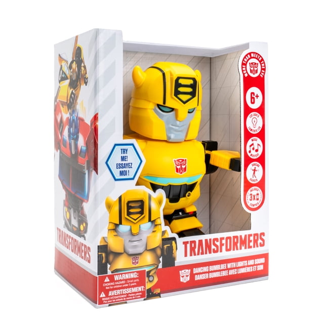 Bumblebee Robot Dansant avec Lumières et Son dans l'Emballage original Transformers, Montrant une Figurine de Robot Jaune avec Yeux et Poitrine Lumineux à DEL, Musique et Effets Sonores Intégrés, Convient aux Enfants de 6 Ans et Plus, avec Bouton « Try Me » et Avertissements de Sécurité sur la Boîte.