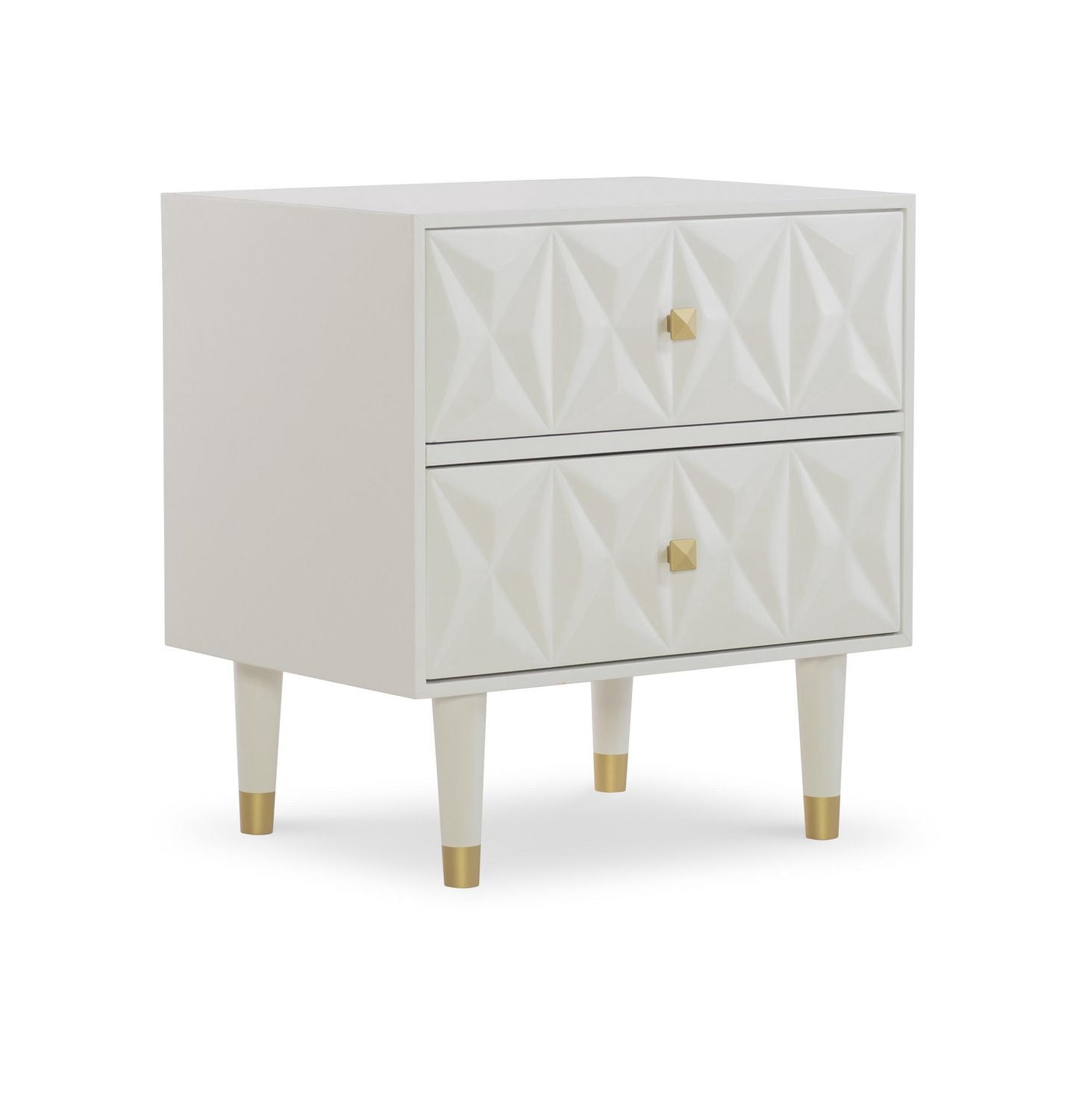 Table de chevet géométrique à deux tiroirs, blanc