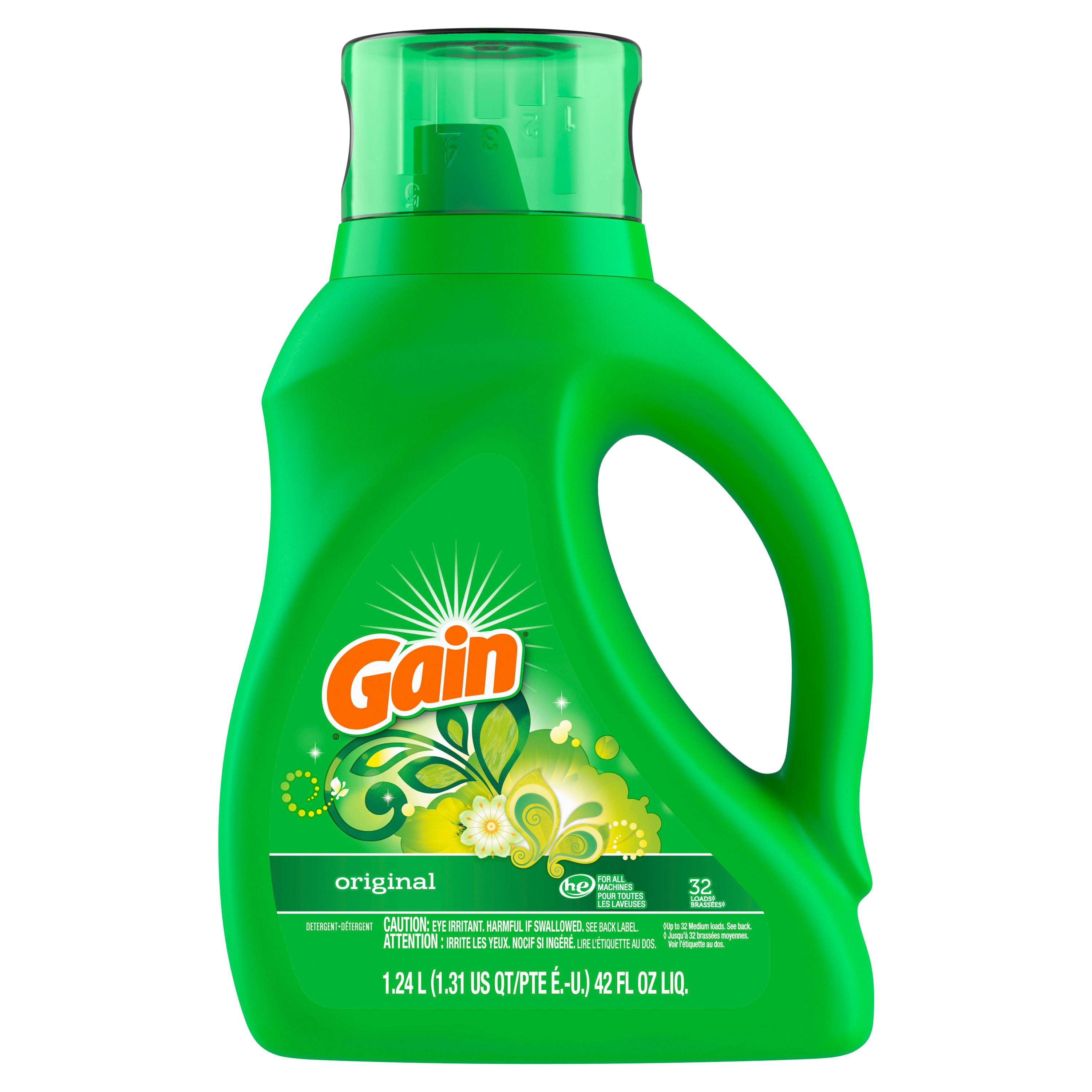 Détergent à lessive liquide Gain, parfum Original, 1,24 L, 32 brassées, fraîcheur + élimination des odeurs, savon nettoyant liquide haute efficacité pour laveuse