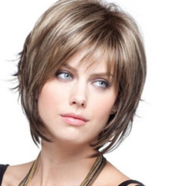 Amdohai Short Blonde Hair Wigs with Bangs Wavy Hair Wig Heat Resistant Synthetic Hair Wigs for Women Daily Natural Hair Wig