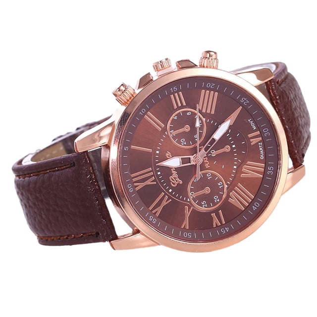 Fashion Women's Leather Strap Stainless Steel Quartz Watch Pointer Watch featuring a 40mm surface diameter and 8mm dial thickness. The watch has a brown leather strap with a width of 20mm and a length of 24cm, paired with a rose gold-tone stainless steel case. The dial showcases Roman numeral markers and three sub-dials, with a pin buckle closure. Designed in a simple, casual, and fashionable style, this watch is not waterproof and comes packaged in an OPP bag.