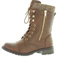 thumbnail image 1 of Forever Link Bottes de Combat pour Femmes Mango-31 à Bout Rond, Style Militaire, à Lacets, en Tricot, Cheville avec Revers, Talon Bas, PU Brun, 7, 1 of 4