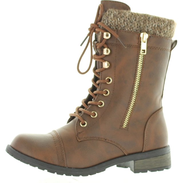 Forever Link Bottes de Combat pour Femmes Mango-31 à Bout Rond, Style Militaire, à Lacets, en Tricot, Cheville avec Revers, Talon Bas, PU Brun, 7