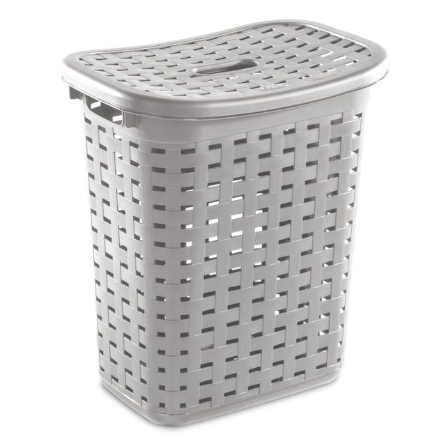 Sterilite Weave Laundry Hamper in grey with a rectangular, space-saving design, featuring a woven plastic pattern for ventilation, a lift top lid with a handle, and integrated side handles for easy carrying, ideal for laundry room storage and organization.