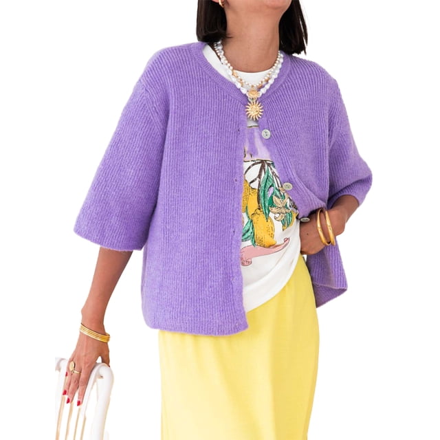 FOCUSNORM Cardigan Tricoté pour Femmes Automne Manches Mi-Longues Col Rond Couleur Unie Boutonné Tricoté