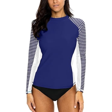 Charmo Haut de Maillot anti-UV à Rayures pour Femmes UPF 50+ à Manches Longues, Chandails de Bain