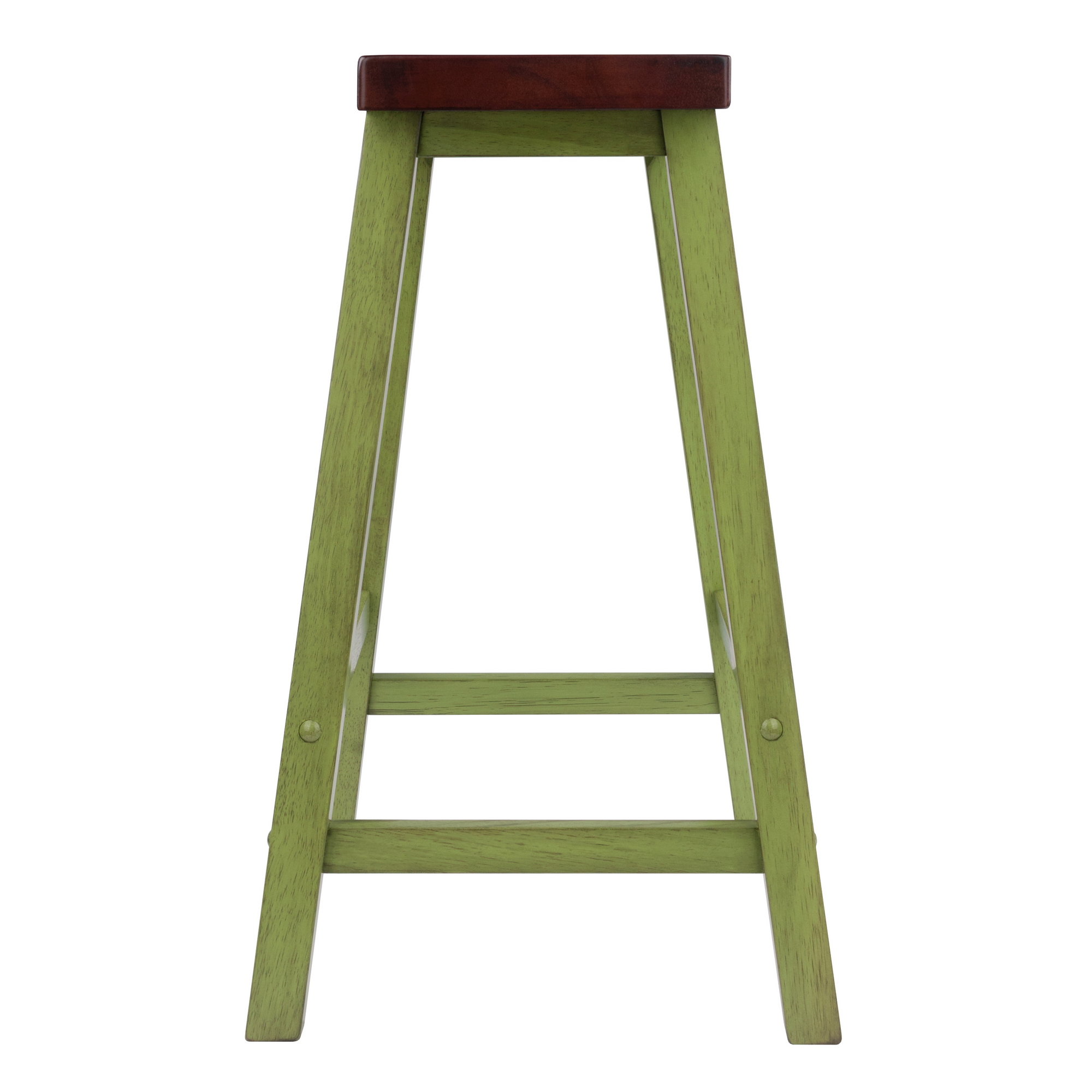 Tabouret de comptoir Satori avec siège selle, finition vert rustique et noyer