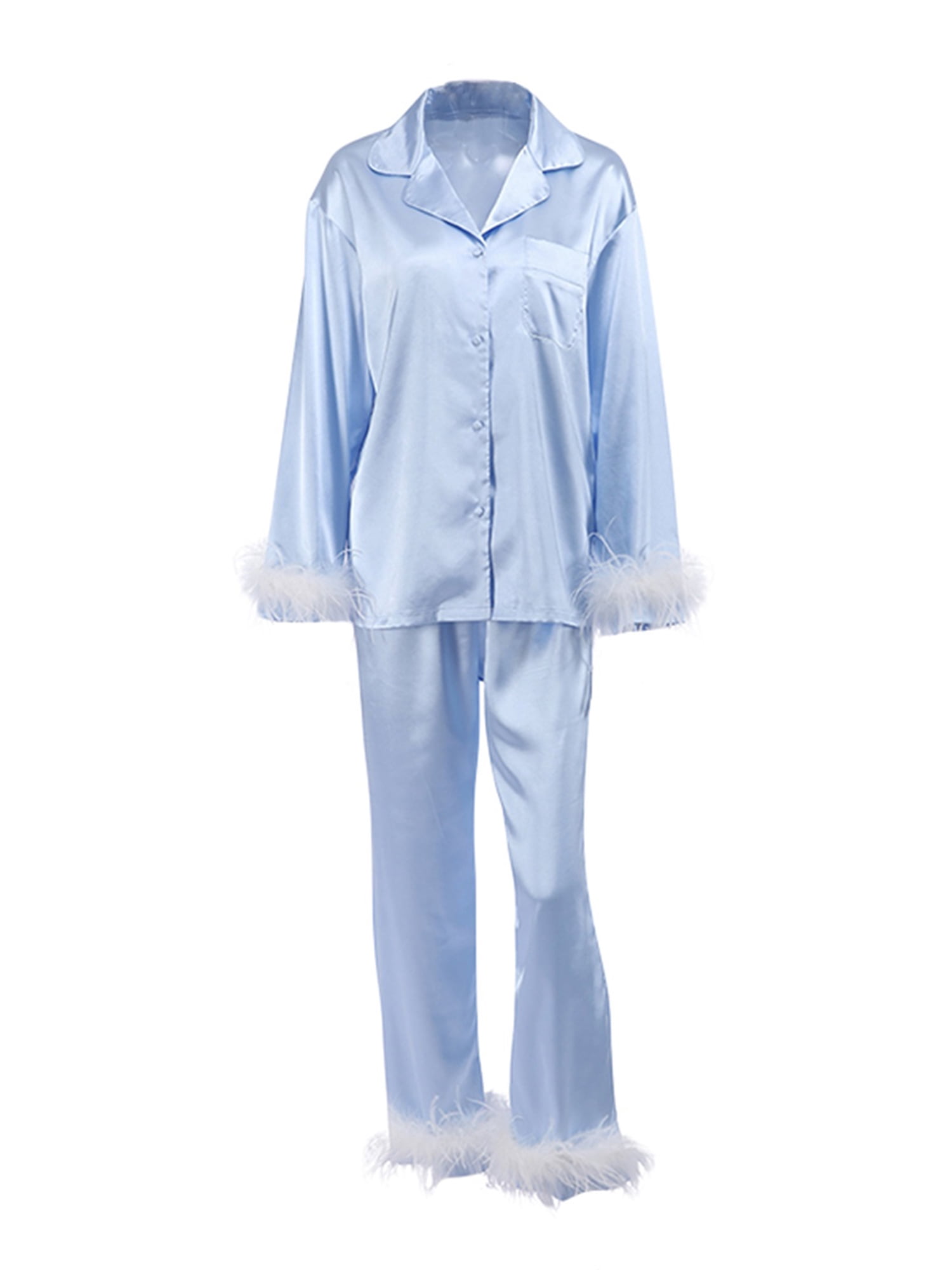 Fortune Women Pajamas Set, Feather Trim Long Sleeve Button-Down Lapel Tops + Pants