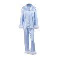 thumbnail image 1 of Fortune Women Pajamas Set, Feather Trim Long Sleeve Button-Down Lapel Tops + Pants, 1 of 9