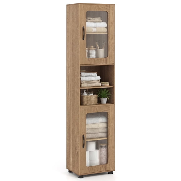 Giantex Tall Bathroom Storage Cabinet, Freestanding Storage Organizer w/Adjustable Shelf for Small Spaces, Natural