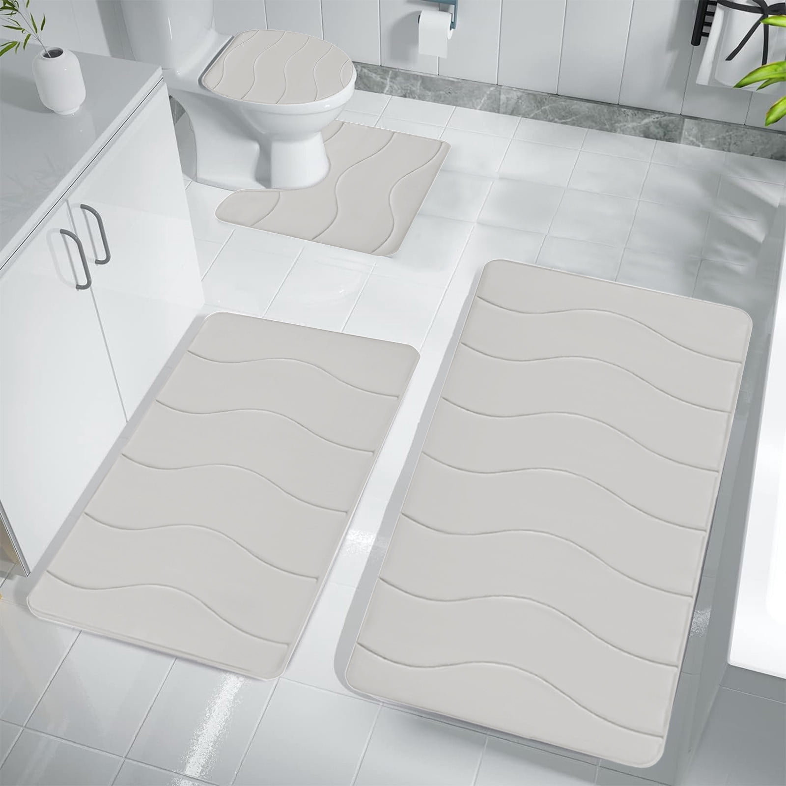 4-Piece Bathroom Rug Set, Ultra Soft Non-Slip Toilet Mats Machine Washable, Thick Absorbent Foam Bath Mat for Shower Tub Floor Beige