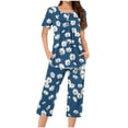 thumbnail image 2 of Jamicy Pyjama pour Femmes Ensemble Shorts Mode Décontracté Ample Imprimé Imprimé Col Rond Boutonné Manches Courtes Haut avec Pantalon Court Ensemble de Pyjama pour Femmes Bleu Marine, 2 of 5