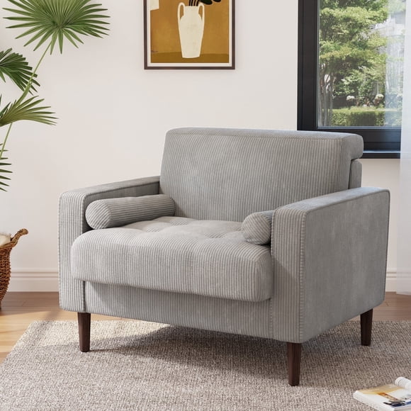 DREAMSIDEA Modern Upholstered Corduroy Accent Chairs Comfy Armchair Reading Chair with Pillows for Living Room Bedroom Reading Room,Light Grey