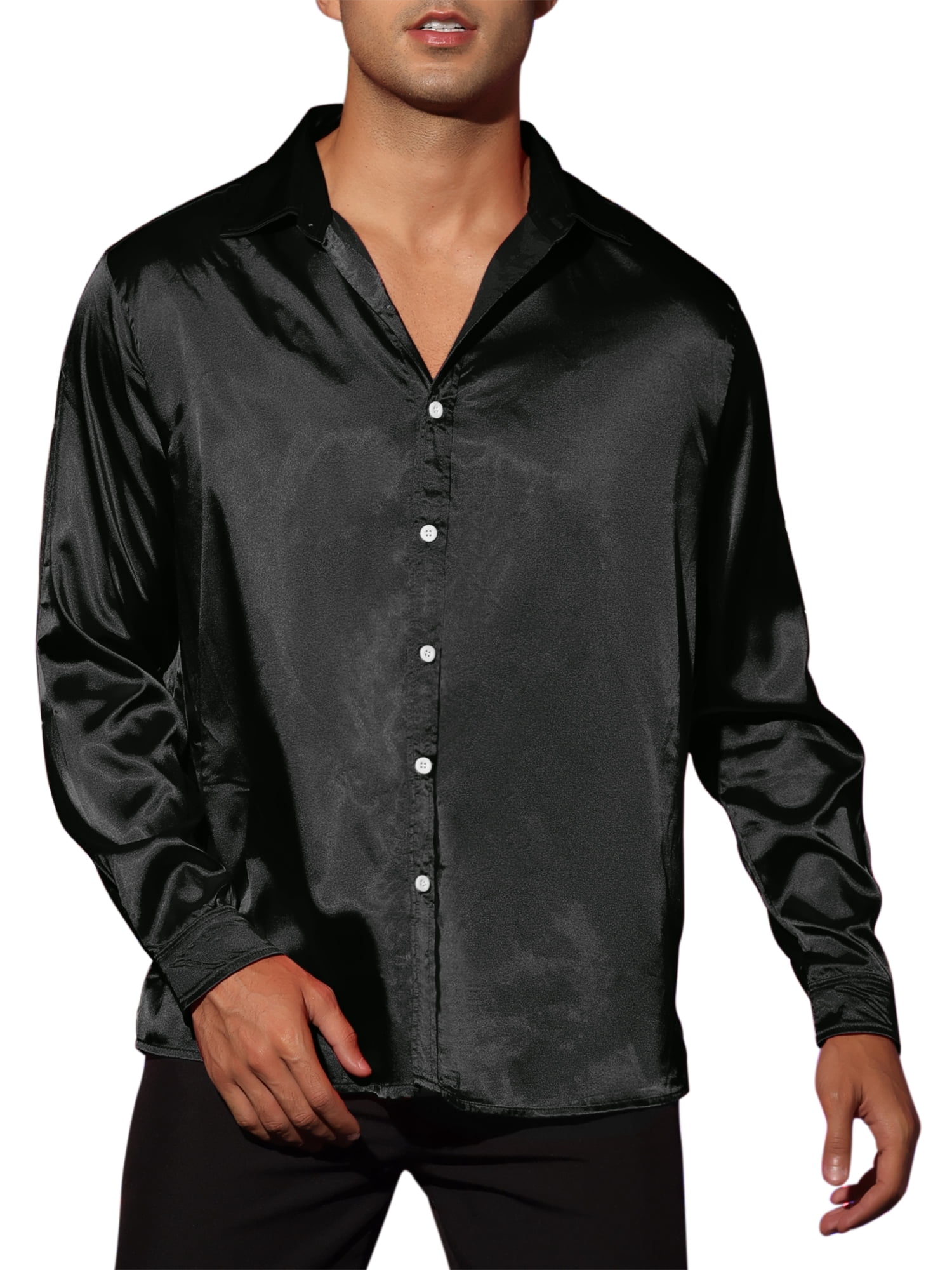 INSPIRE CHIC Men's Dress Satin V Neck Long Sleeves Button Down Party Shirts