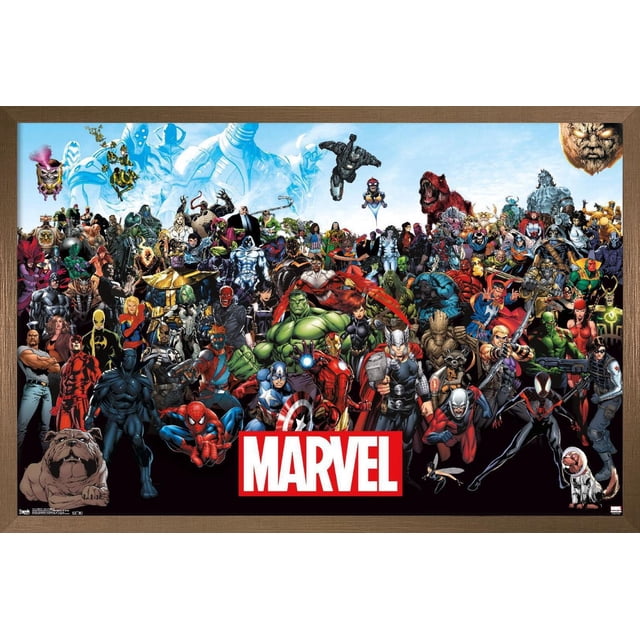 Marvel Comics - The Marvel Lineup Wall Affiche, 22.375 Pouces x 34 Pouces, une Impression Brillante et Haute Résolution Mettant en Vedette un collage vibrant de Superhéros et de Méchants Marvel, Y Compris Spider-Man, Hulk, Thor, Iron Man, Captain America, Black Panther, Groot et Rocket Raton Laveur sur un Fond de Ciel Bleu avec le logo Marvel Rouge et Blanc au Bas, Convient à la Déco Maison et à l'Art Mural.