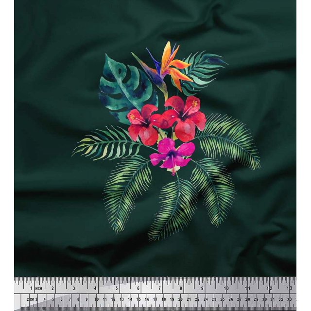 Soimoi Poly Georgette Fabric Floral & Leaves Tropical Print Sewing Fabric Yard 42 Inch Wide