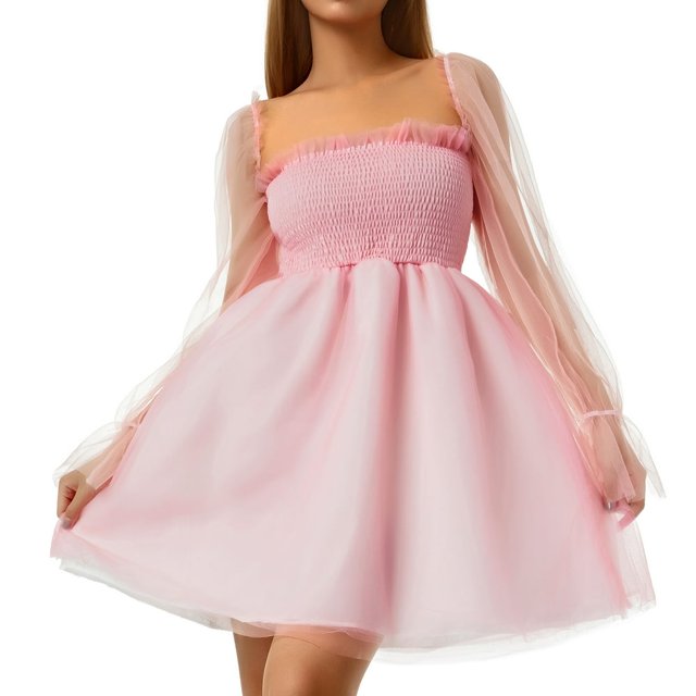 Female Casual Dress Summer Solid Color Square Neck Long See-Through Sleeve One-Piece S/M/L/XL